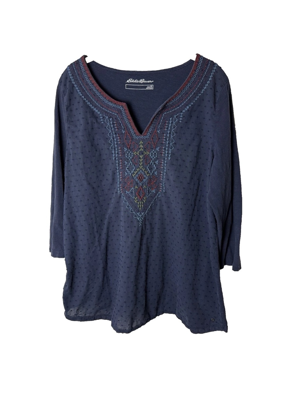 Eddie Bauer Top Size XL 3/4 Sleeves Cotton Embroidered Navy Blue Purple Red